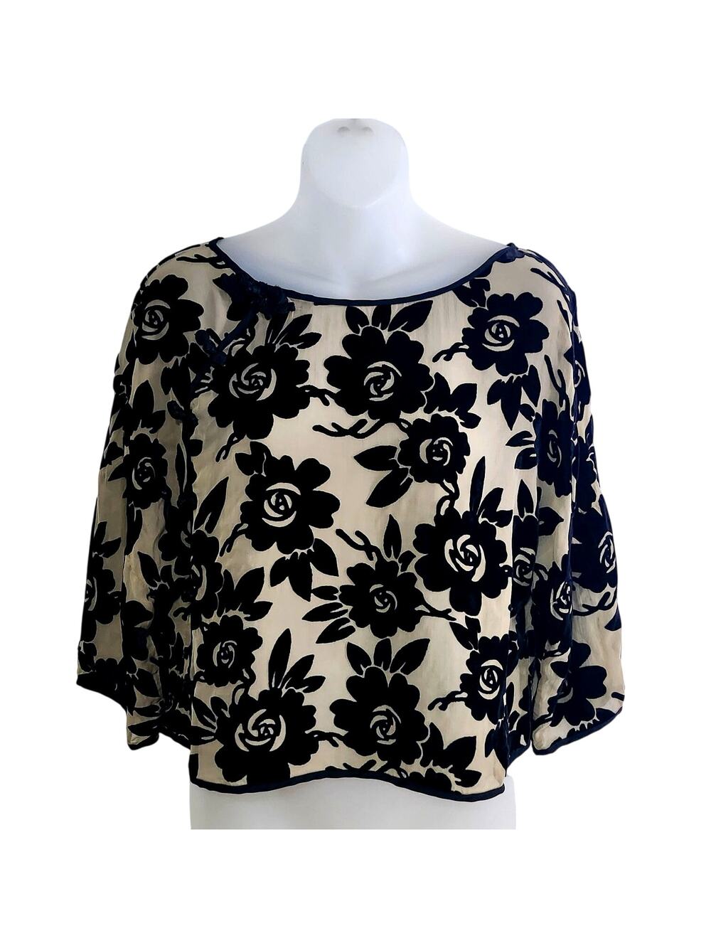 Anthropologie FLOREAT Black Floral Velvet Burnout Silk Rayon Blouse Top Size 0